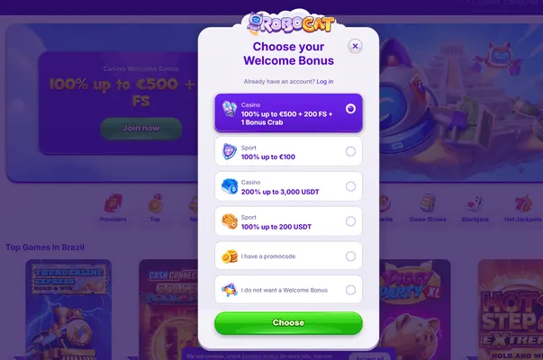 Captura de pantalla de la página de registro de Robocat Casino